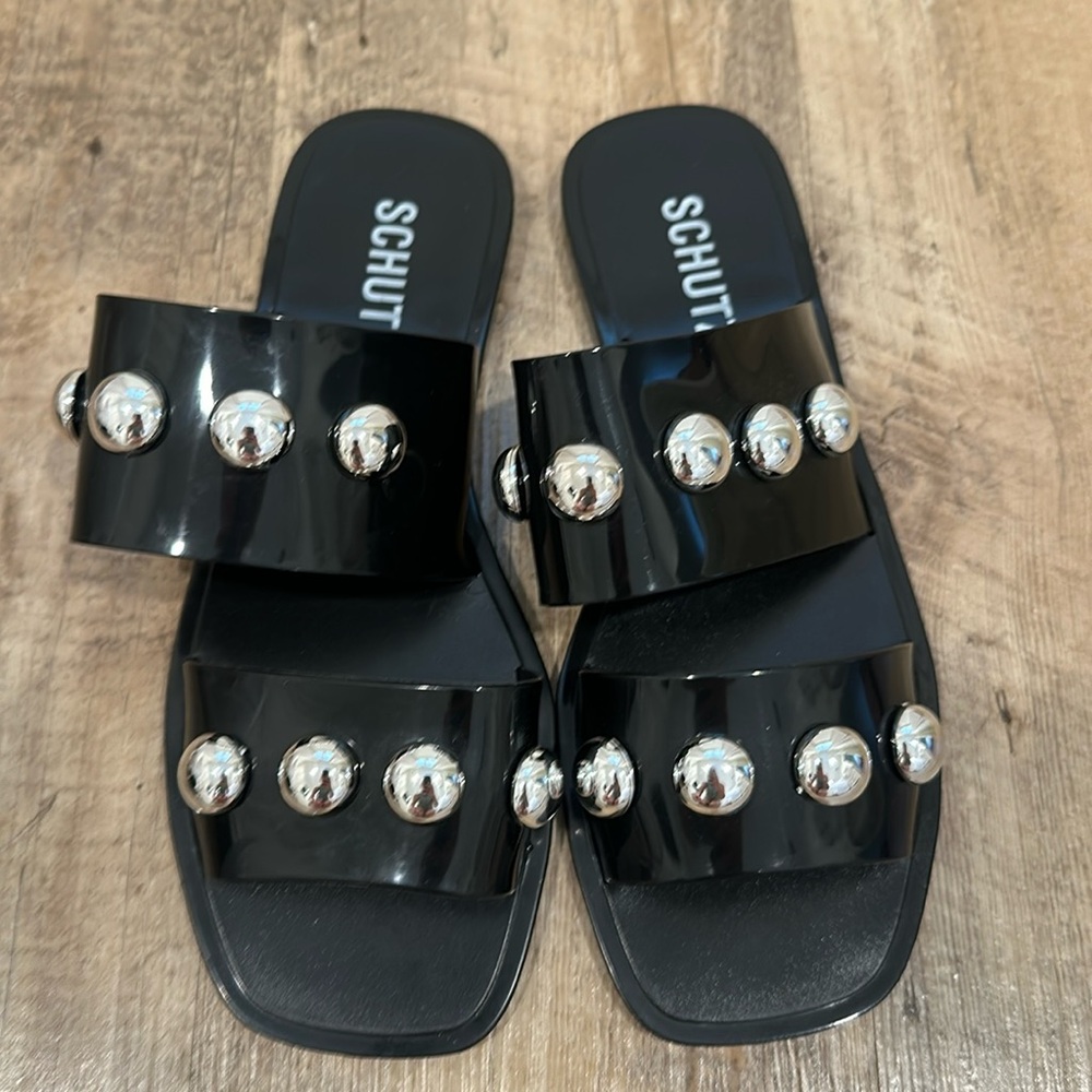 NWOT SCHUTZ Lizzie Studded Flat Sandals jelly black studs sandal black silver 7